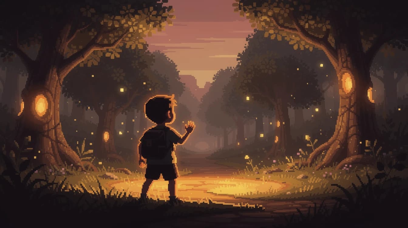 Un enfant dans une forêt enchantée au crépuscule, parmi des lumières ambrées — Mirari, histoires interactives